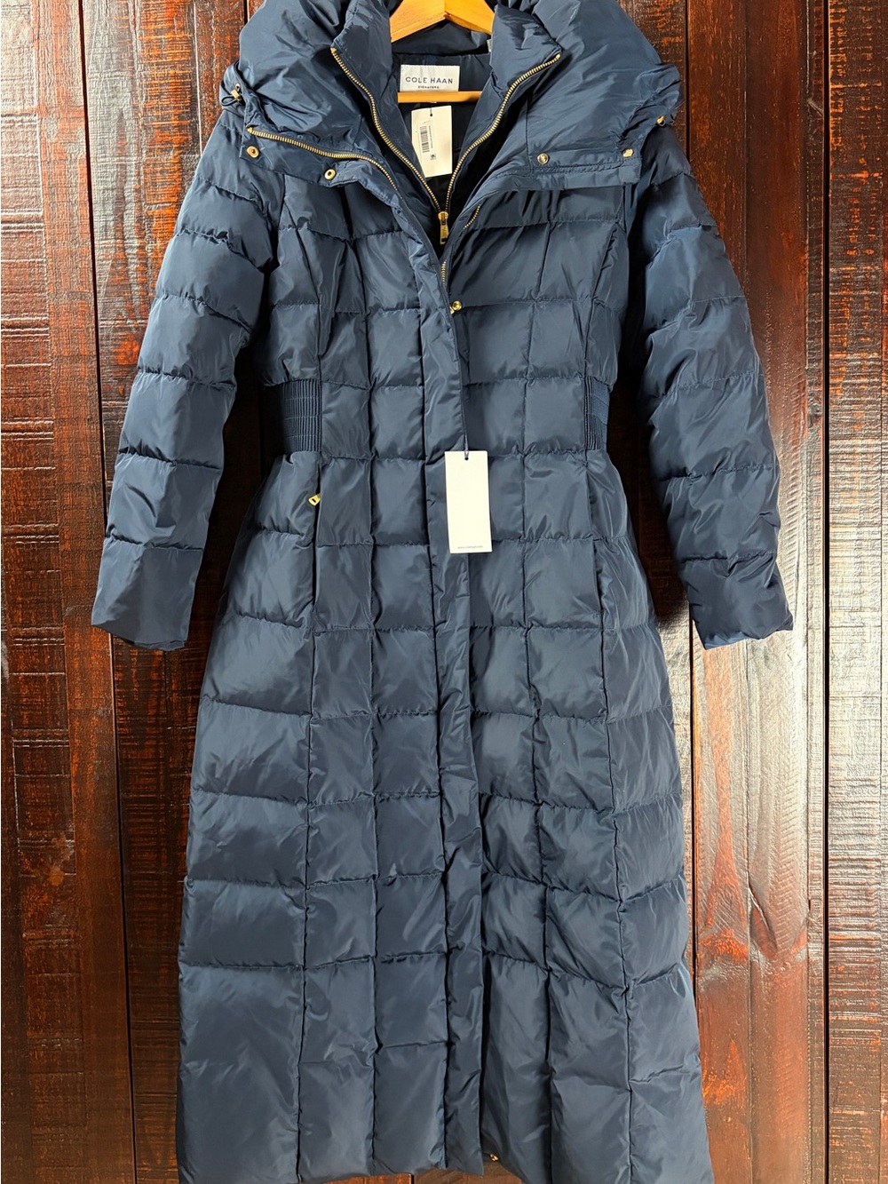 Cole Haan Navy Quilted Down/Feather Hooded Maxi Puffer Coat Medium